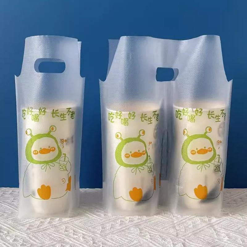 200PCS Cartone animato Sacchetto per tazza singola Sacchetto per tazza doppia Sacchetto per imballaggio di tè al latte Sacchetto per asporto Tipo di maniglia Bevande Confezione di plastica