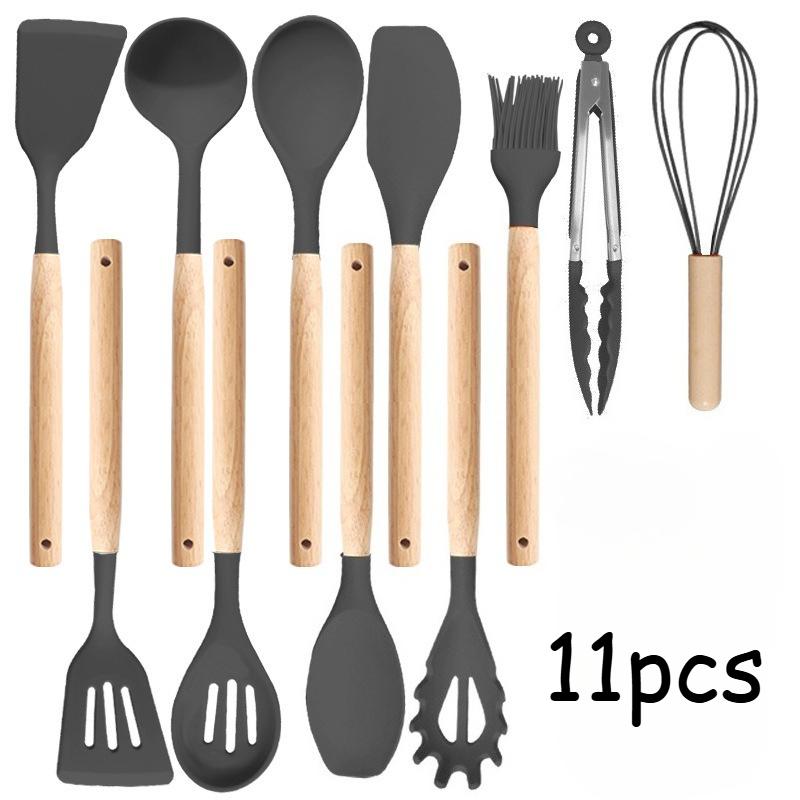 11pcs Silicone Kitchen Utensil Set with Wooden Handles Cooking & Baking Tools Including Non-Stick Spatula, Ladle, Whisk