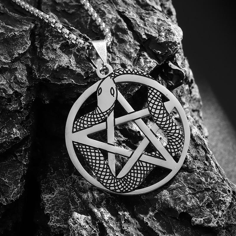 New European and American Five Pointed Star Coiled Snake Necklace Stainless Steel Pendant Neutral Style Titanium Steel