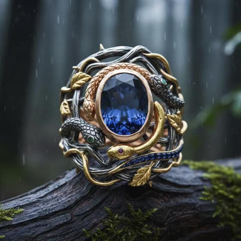 Vintage Zweifarben Gold Schlangenring mit blauem Saphir, Antiker verdrehter Weinlaub Design Ring, Einzigartiger Statement Schmuck für Männer