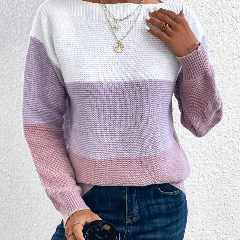 Autumn Winter Pullovers Loose Drop Shoulder Round Neck Color Matching Knitted Pullovers & Long Sleeves Ladies Sweater