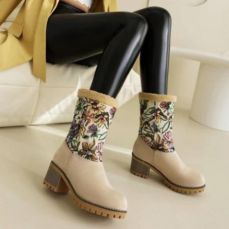 Winter New Color Printed Thick-soled Velvet Thickened Snow Boots Women's Large-size Warm Women's Boots