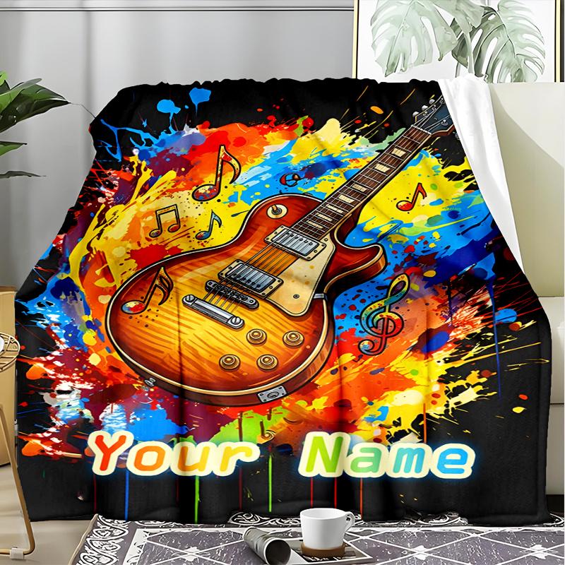1PC Custom Name Music Notes Guitar Art flannel blanket versatile,all-season throw suitable for the living room,bedroom,camping,travel,and gift