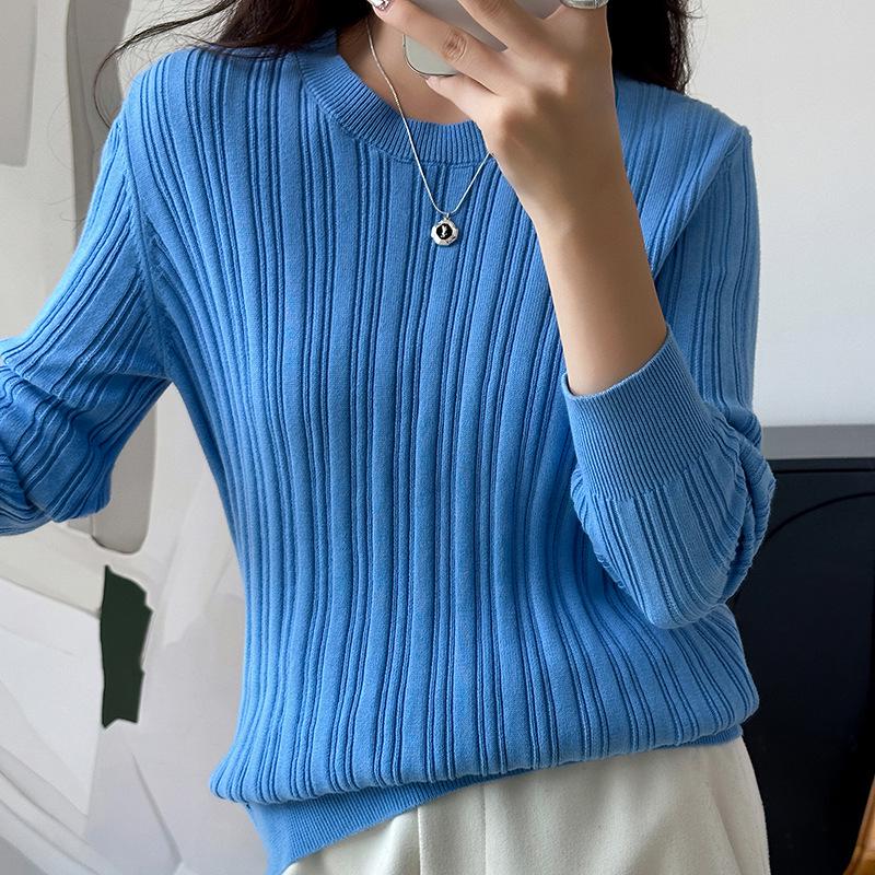 

Women s 100% Cotton Soft Warm Striped Knit Sweater - Solid Color Round Neck Winter Pullover Base Layer Large небесно-голубой