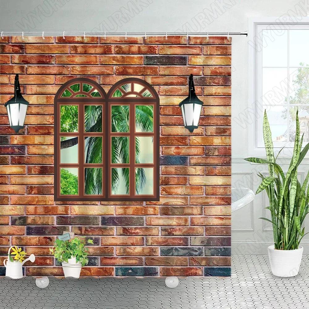 

Vintage Wooden Board Shower Curtains Retro Brick Wall Street Lights Farm Barn Door Green Leaves Plant Fabric Home Bathroom Decor 90X180cm