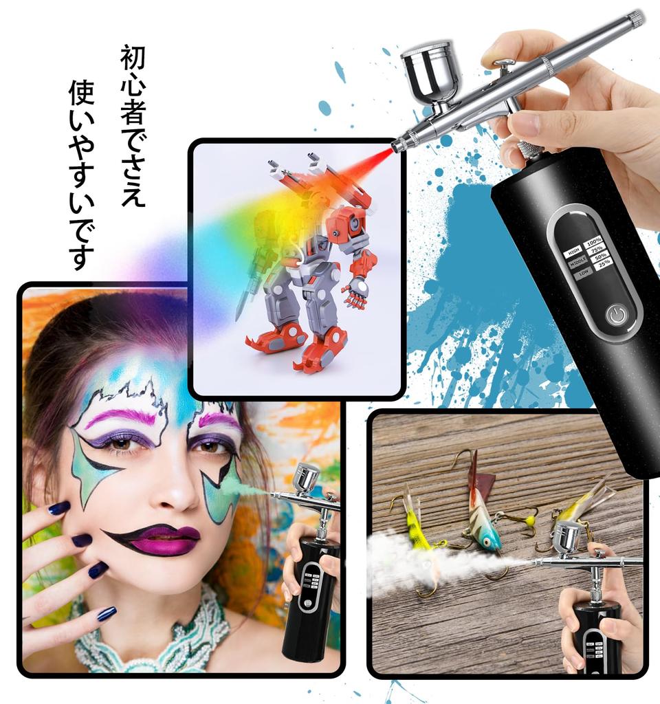 Fascinated Rechargeable Airbrush with Battery Level Visualizer, Dual Action, Three Adjustable Pressure Modes (High, Medium, Low), 0.3mm Diameter, for