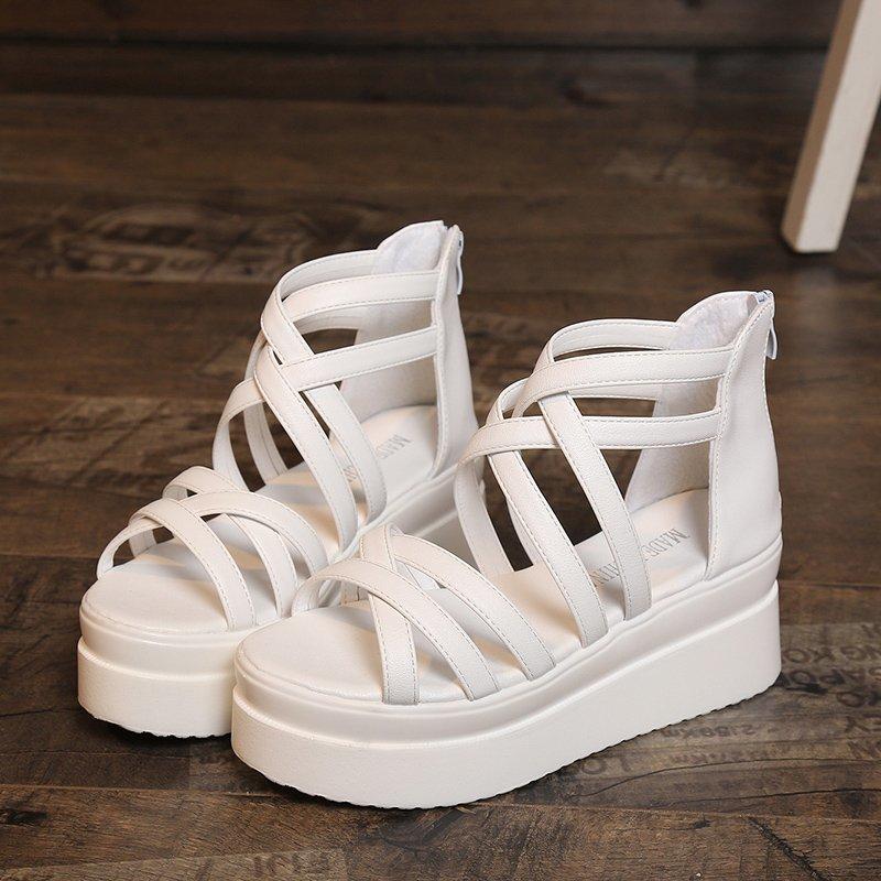 Summer new Korean version of student muffin women's shoes thick-soled medium-heeled flat-soled women's sandals open-toed roots casual Roman shoes