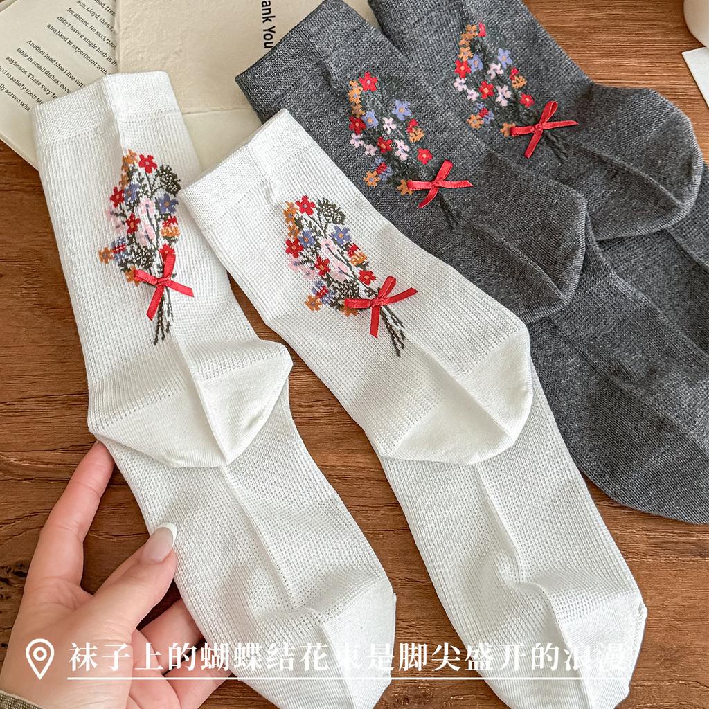 Sock - Spring/Summer Lightweight Printed Flowery Padded Stockings with Butterfly Knots - Mid-Calf Cotton Stockings for Country Style Long Trousers