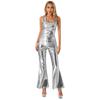 Womens Metallic Shiny Disco Outfit Sleeveless Racerback Tank Top with Flared Pants Elastic Waistband Partywear