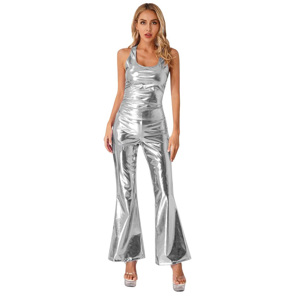 Womens Metallic Shiny Disco Outfit Sleeveless Racerback Tank Top with Flared Pants Elastic Waistband Partywear