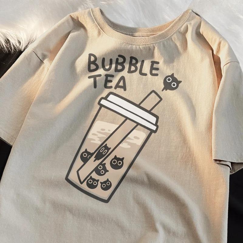 Cartoon Milk Tea And Cat Bead Pattern Tshirt Loose Casual Refreshing Shortsleeved Comfortable And Relaxed Tshirt