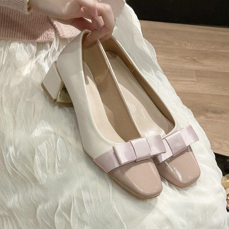 Soft leather version square head bow light mouth single shoes women's autumn new color matching thick heel high heels