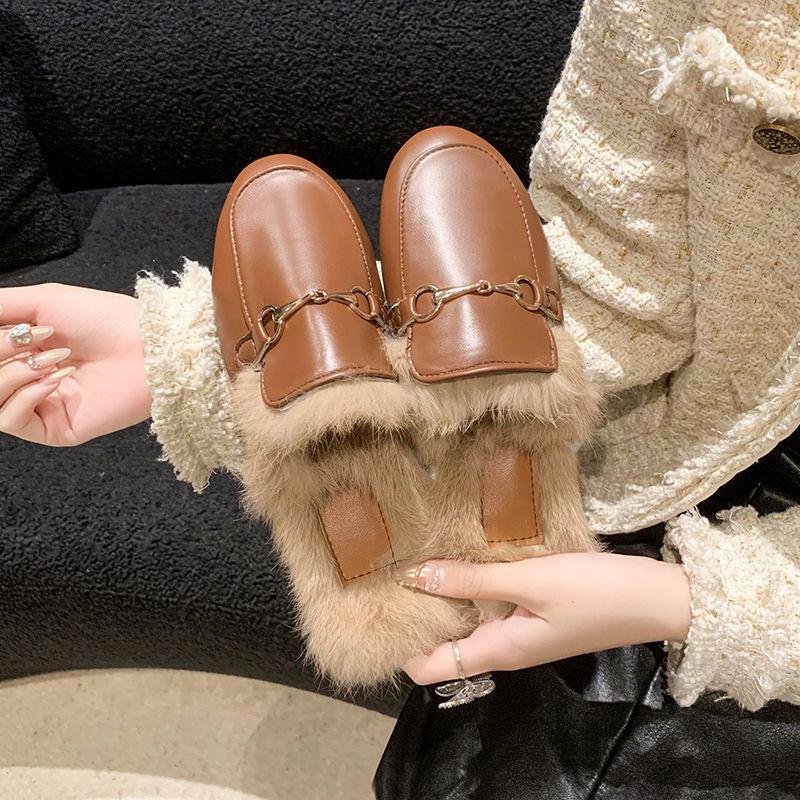 Autumn/Winter 2025 Women's Fuzzy Mule Slippers with Chunky Heels and Round-Toe Design