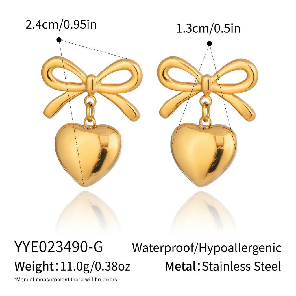 Xia Ling Valentine's Day 18K Gold-Plated Heart Pendant Bow Stud Earrings - European & American Style, High-End Titanium Steel