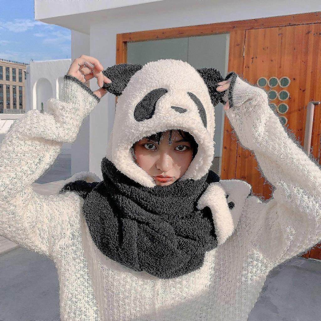 Urocza Kreskówkowa Czapka Panda Zimowa Ciepła Czapka Wiatroszczelny Szalik i Rękawiczki Zestaw Uroczy Zimowy Gruby Szalik z Kapturem z Mimikami