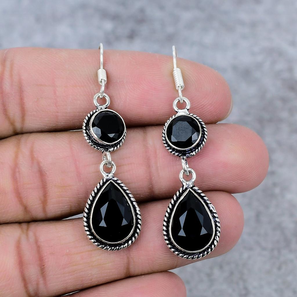 Black Spinel Gemstone Handmade 925 Sterling Silver Jewelry Earring 2.56" M-349