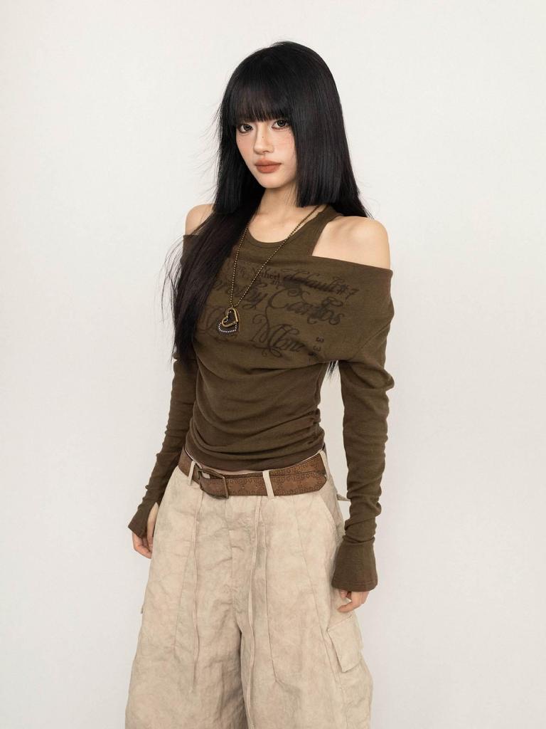 Damen Herbst Retro Ein-Schulter Slim Fit Langarm Oberteil