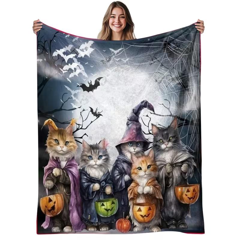 1pc Halloween Cats Flannel Blanket - Soft & Warm All-Season Cozy Throw with Witch Bed, Couch, Fast Hound, Pet Flannel Blanket