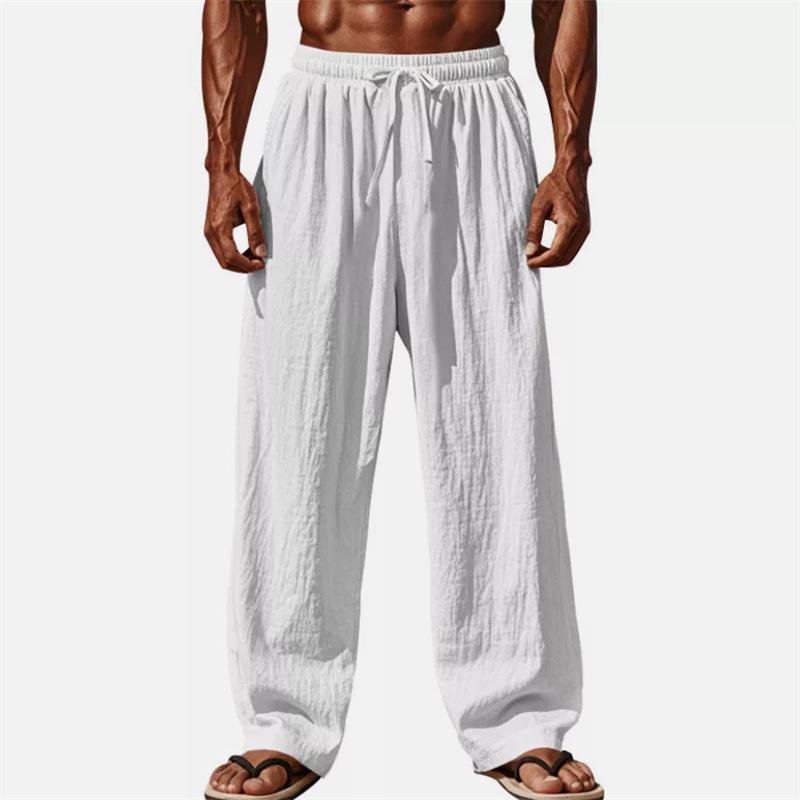 

Men s Cotton-linen Solid Color Drawstring Elastic Waist Casual Breathable Straight-leg Pants 3XL армія зелений колір