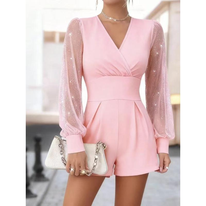 Women's Solid Color V Neck High Waist Long Sleeve Glitter Mesh Patchwork Straight Short Romper Jumpsuit