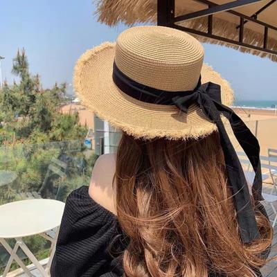Flat Top Sunscreen Hat Ribbon Bow Sunshade Cap Fashion Straw Hat  Outdoor