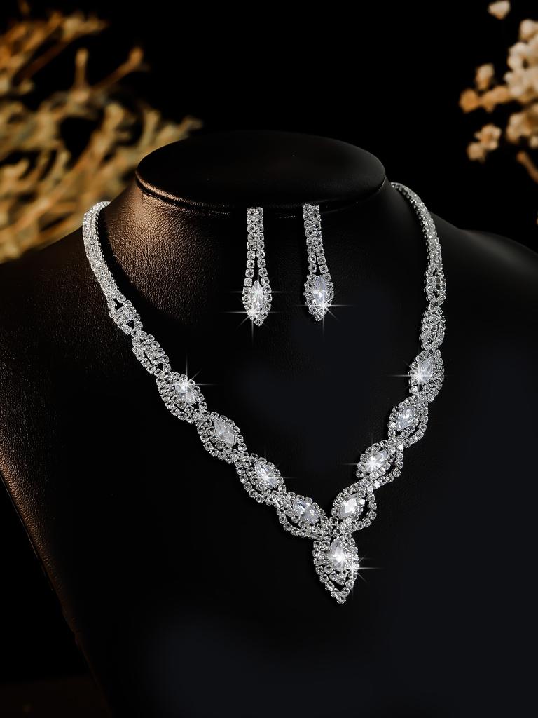Conjunto de Colar e Brincos de Diamante de Luxo Acessórios para Festa Vestido de Casamento Jantar Corrente de Colar e Brincos de Strass da Moda para Meninas