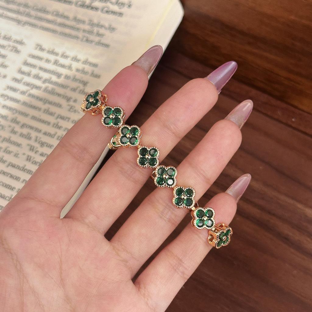 New Full Diamond Four-leaf Clover Bracelet High Luxury Old Money Style Retro Colored Flower Bracelet