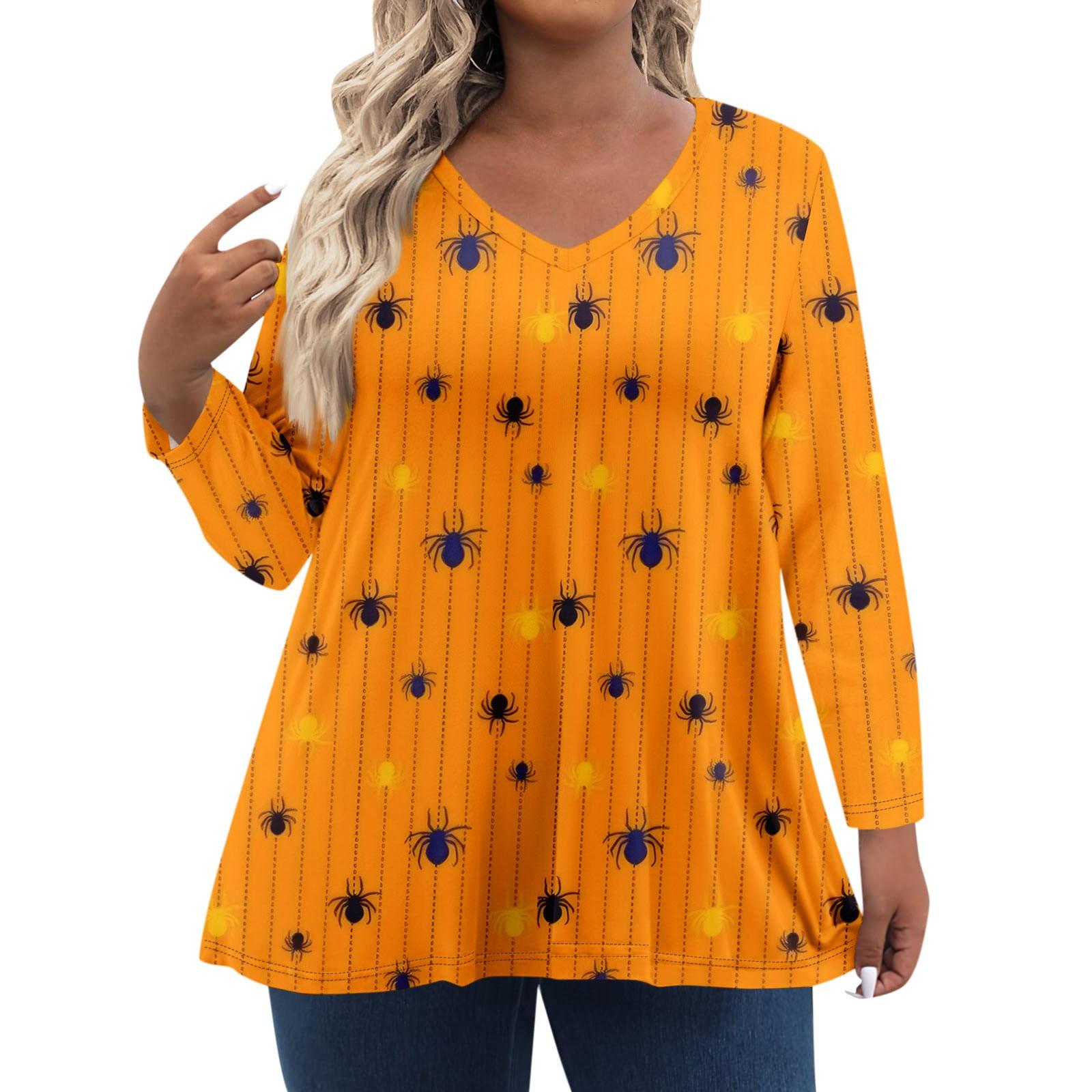 

Женские топы больших размеров с длинным рукавом и принтом, рубашки с V-образным вырезом, повседневная одежда, топы XL шафрановый