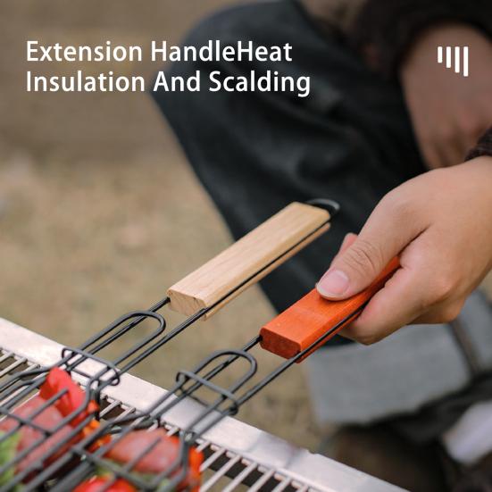Barbecue Grill Baskets for Meat Vegetables Lockable Grille Rolling BBQ Cage with Wooden Handle Barbecue Net Rack for Shrimp Fish Veggies