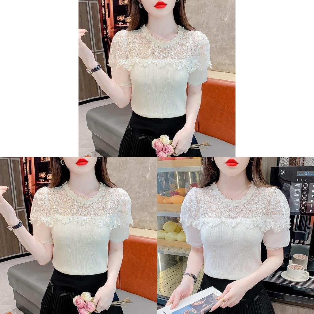 Designer Pearl Embellished Lace Spliced Chiffon Blouse For Summer Casual Wear