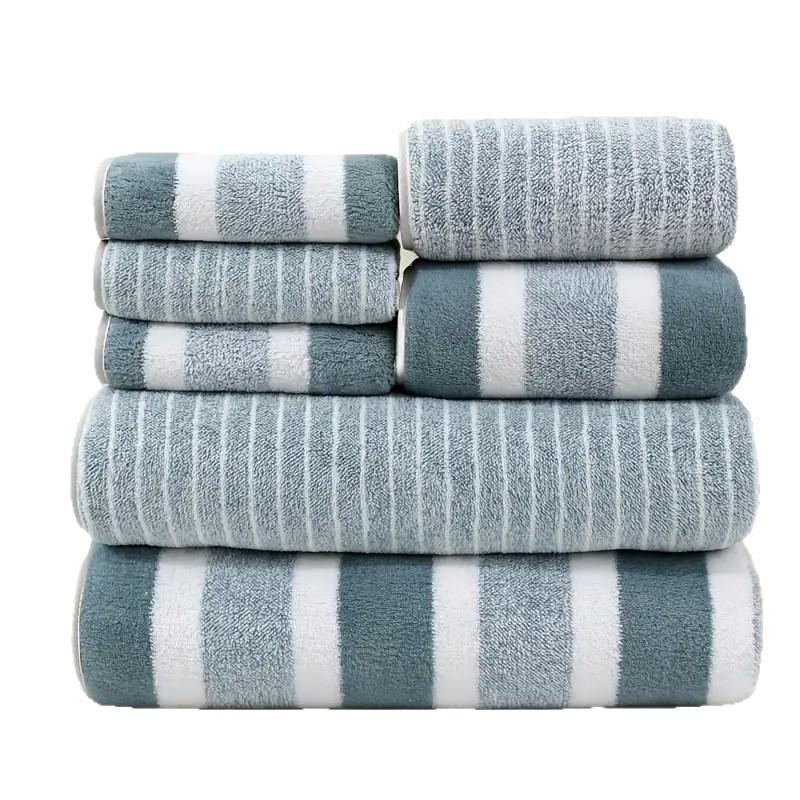 Quick-Dry Coral Fleece Striped Bath Towel - Soft, Absorbent, Large for Couples