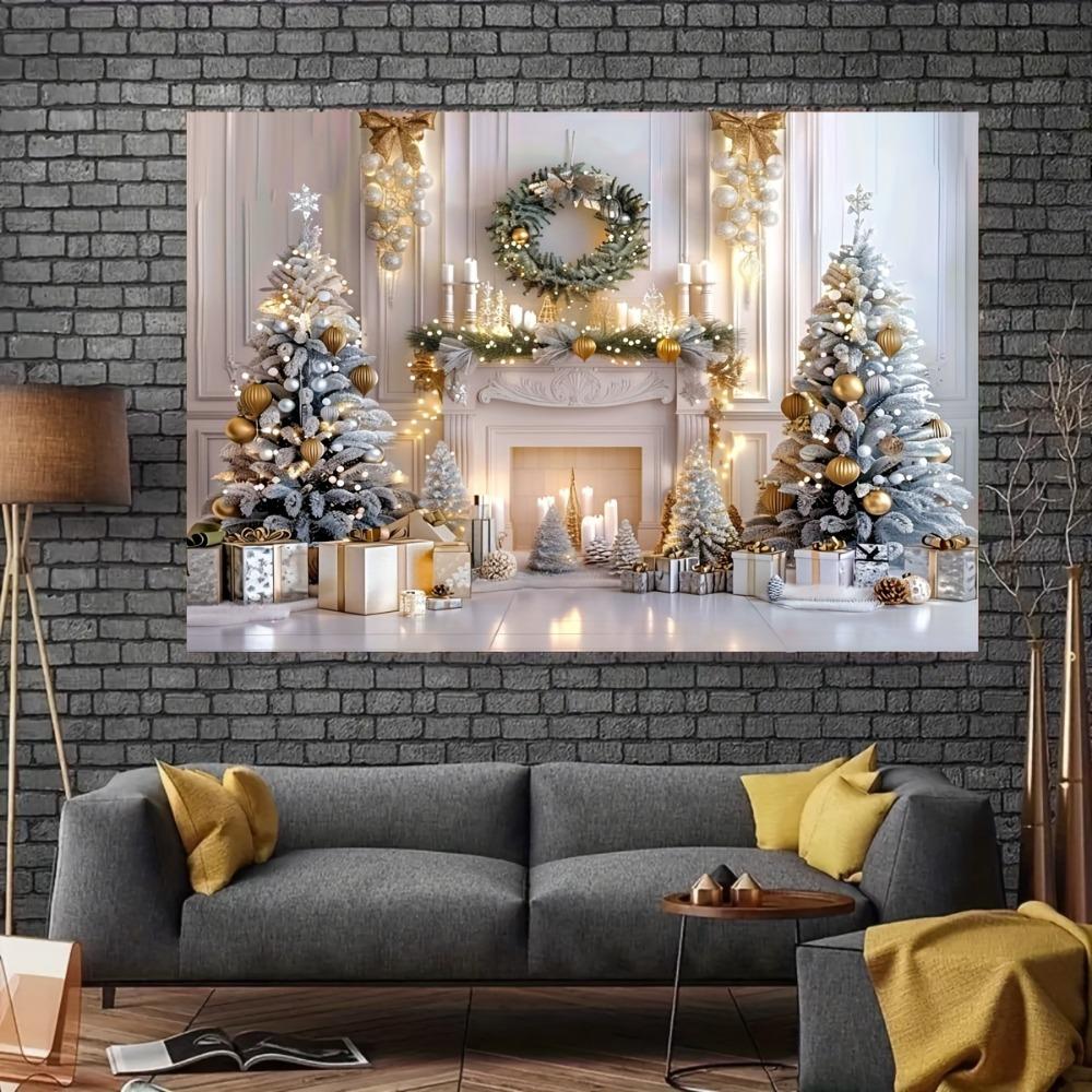 Winter Wonderland Christmas Backdrop Elegant White Fireplace Scene with Gift Tree Wreaths Party Decorations