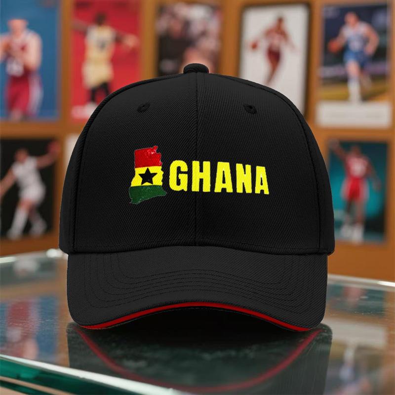 1Pc Unisex Baseball Cap, New Style Breathable Black Snapback Hat With Ghana Print For Outdoor Camping, Travel, Running, Yoga, An