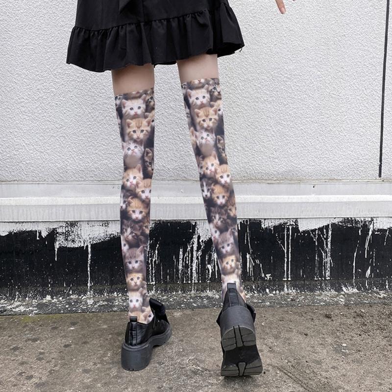 Women's Lolitas Thigh Highs Stockings 3D Cartoon Anime Over the Knee Socks Tights Cats Printed Silk Stockings Hosiery
