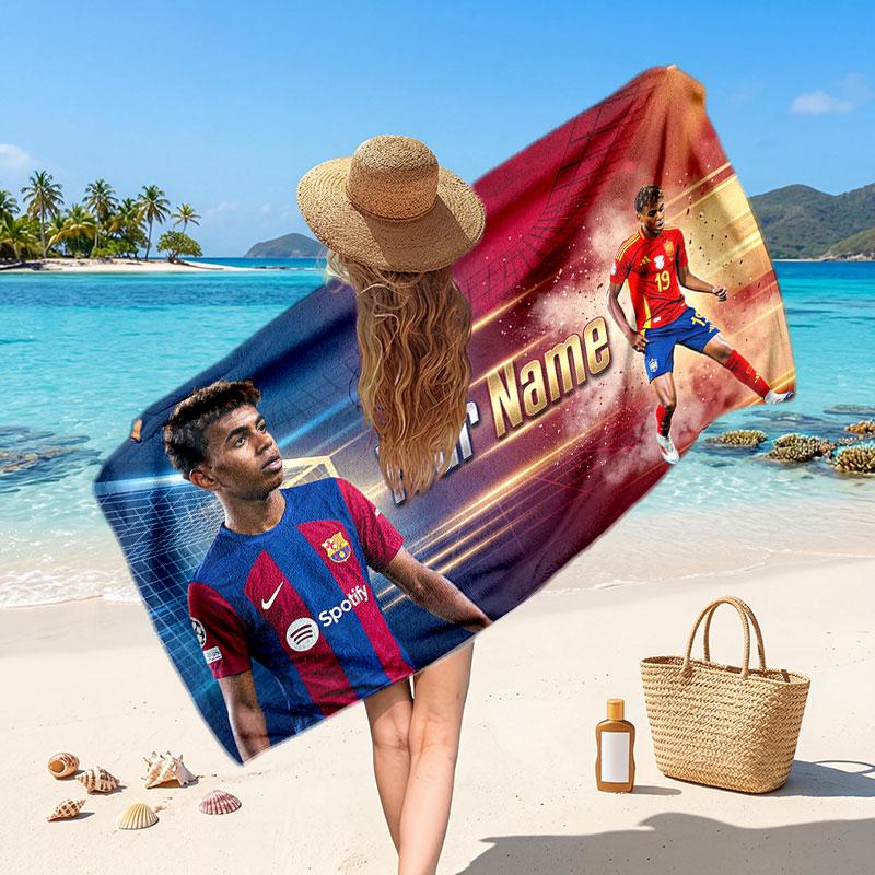 Asciugamano da Spiaggia Personalizzato Lamine Yamal, Stampa Testo Nome Personalizzato, Asciugamano Morbido ad Asciugatura Rapida con Logo Calcio, Regalo per le Vacanze