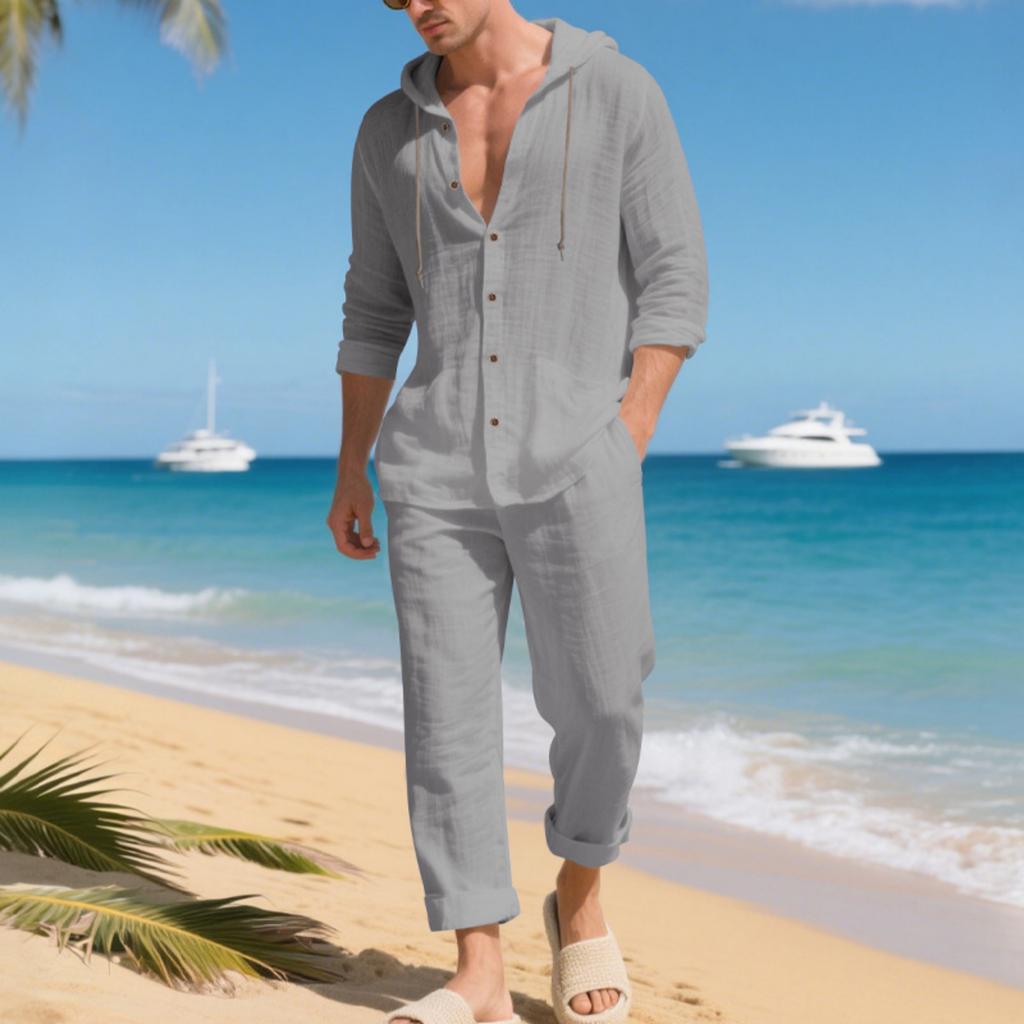 Men's 2,Piece Linen Hooded Shirt Set | Loose Fit Breathable Beach Casual Pants For Daily & Vacation Wear