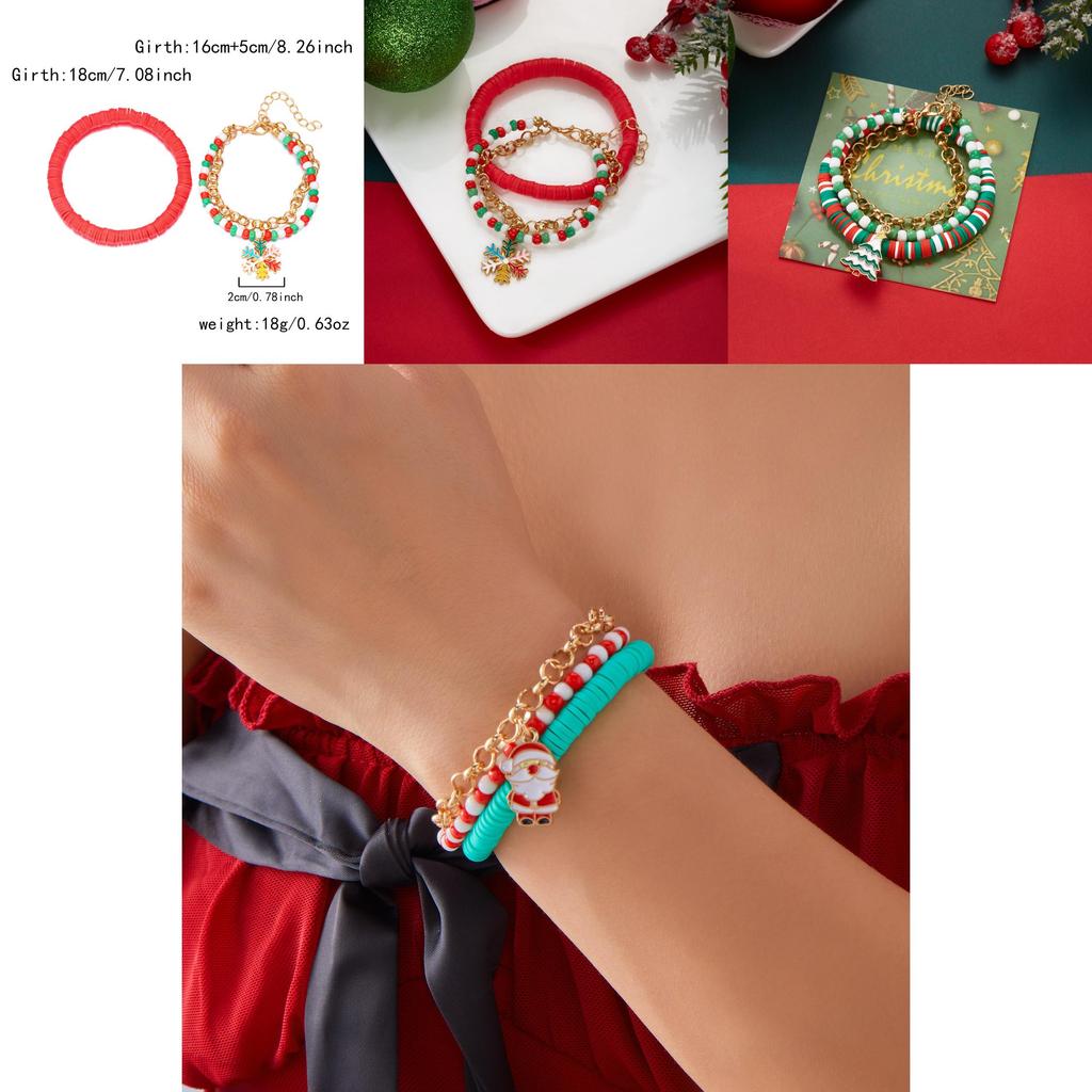 Christmas Resin Clay Bracelet Set With Snowflake Tree And Santa Pendants For Women Gift