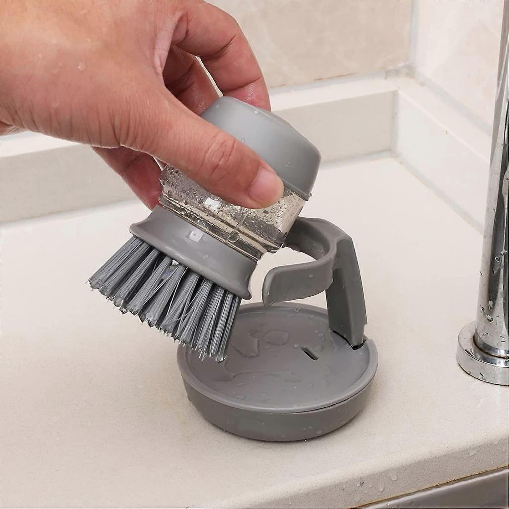 Soap Dispensing Dish Brush, Kitchen Hand Brush for Cleaning Dishes, Pots, Pans and Sinks -- Gray