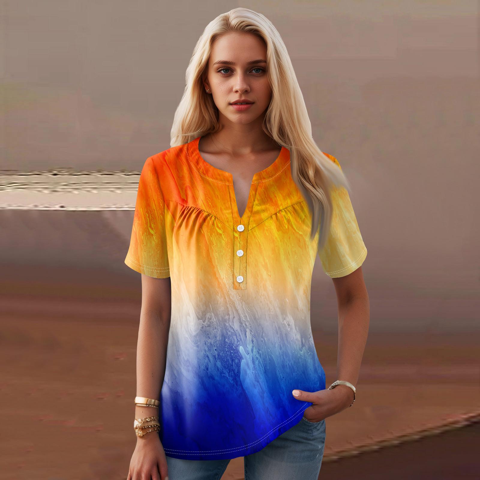 

Женская повседневная футболка с v-образным вырезом и коротким рукавом с цветочным принтом и декоративными пуговицами, топ XXXL шафрановый