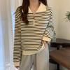 Black Striped Polo Neck Front Shoulder Sweater Women's Autumn New Loose Half Zipper Casual Style
