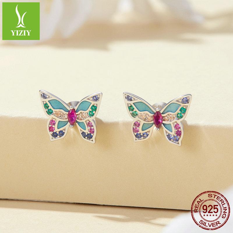 Silver Ziyun S925 Sterling Silver Colorful Butterfly Earrings for Women - Spring Design