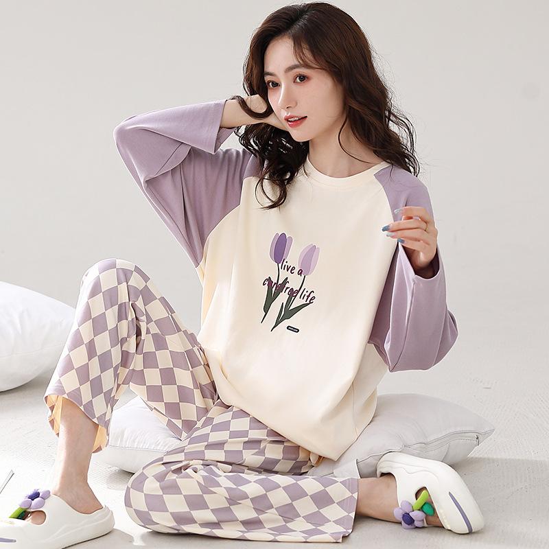 Reine Baumwolle Schlafanzug Damen Rundhals Pullover Langarm Loungewear Baumwolle Mädchen Zweiteiliges Set