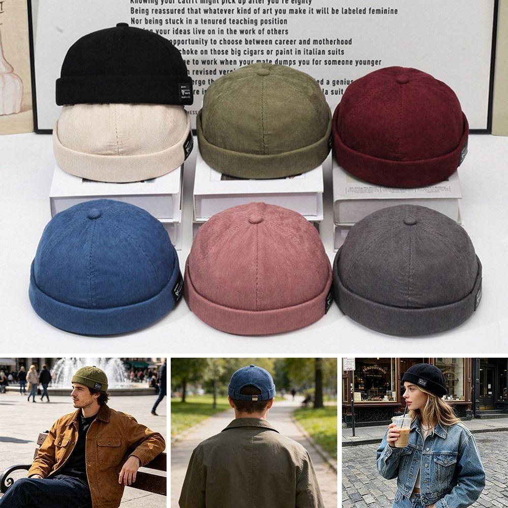 Fashion Hip Hop Beanie Street Hat Casual Corduroy Brimless Docker Cap Adjustable Letter Vintage Dome Hat Outdoor