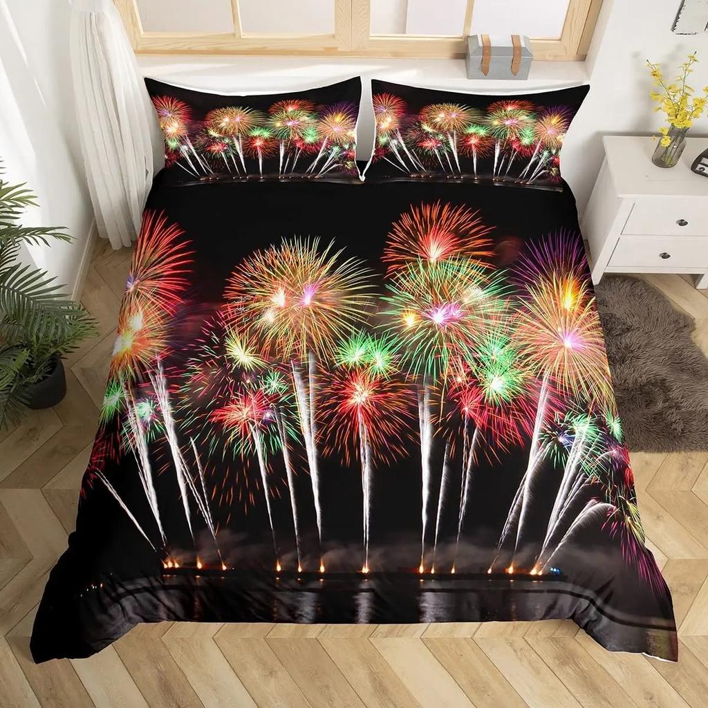 Fireworks Duvet Cover Fantasy Castle Bedding Set Prague Cityscape Comforter Cover Microfiber Magical Psychedelic Flowers Bed Set