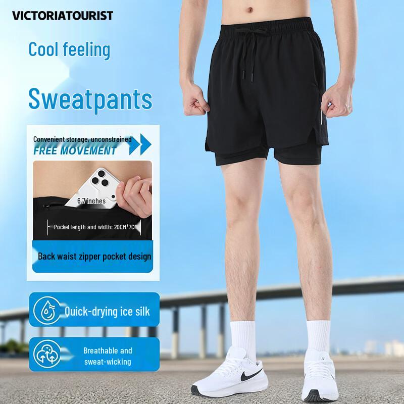VICTORIATOURIST Men s Quick-Dry Faux Two-Piece Sports Shorts L