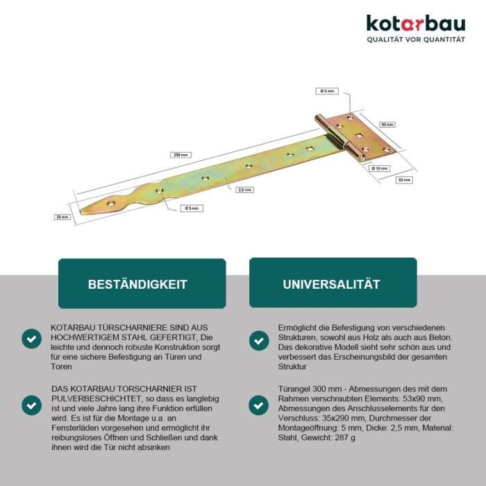 2 Pièces Charnière De Porte En T - Acier - Revêtement En Zinc - 300 Mm - Résiste Aux Effets Néfastes De L'humidité KOTARBAU