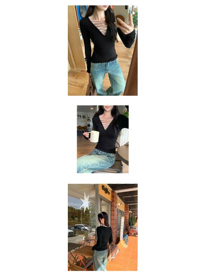 Women's Lace-up Deep V-neck Lyocell Tencel Wool Slimming Base Layer Top