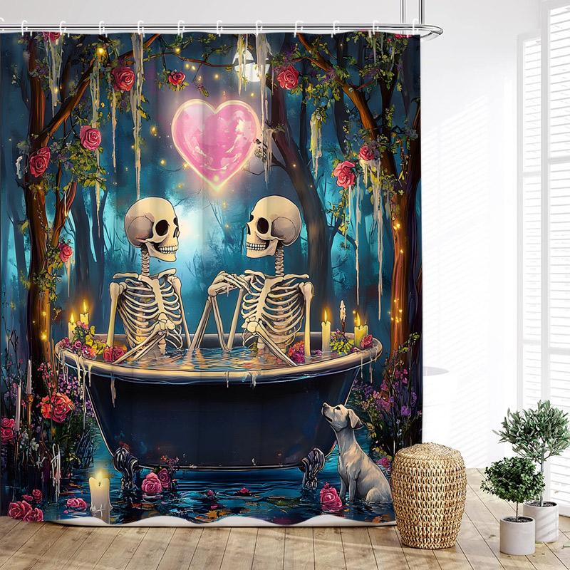 Rolig Badande Älskare Skelett Duschdraperier Skog Rosor Blommor Träd Hjärta Alla Hjärtans Dag Badrumsgardin Tyg Heminredning
