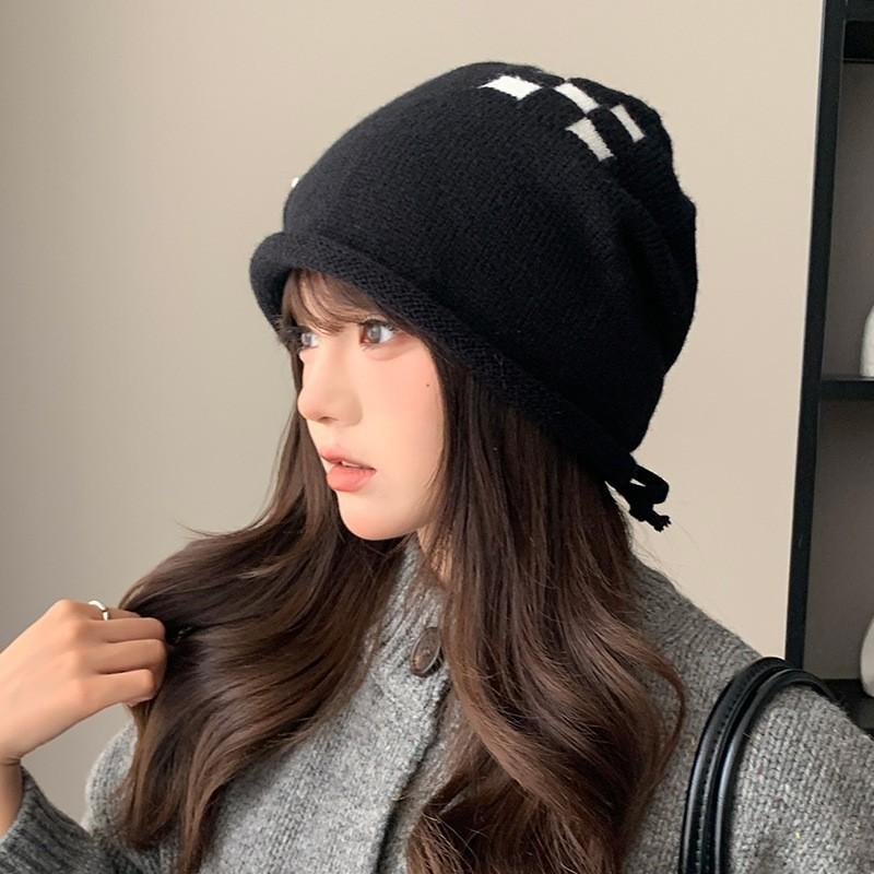 Big Head Circumference Drawstring Knitted Stacking Hat Women's Curled Edge Pullover Cold Hat Showing Face Small Bag Head Confinement Hat