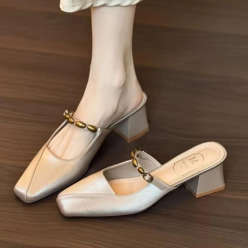 Fashion Elegant Women Slippers Square Toe High Heels Shoes Summer Mules Shoes 2025 New Sandals Designer Woman Pumps Fashion Sandalias